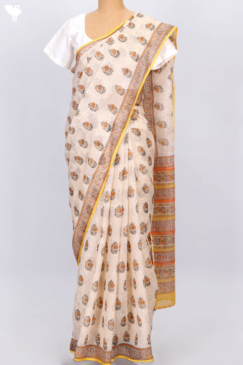 Handloom Kota Doria Saree In Floral Block Print