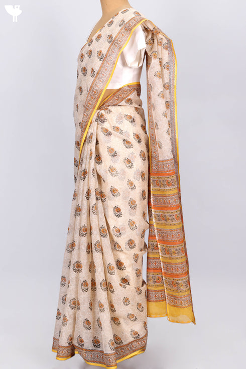 Handloom Kota Doria Saree In Floral Block Print
