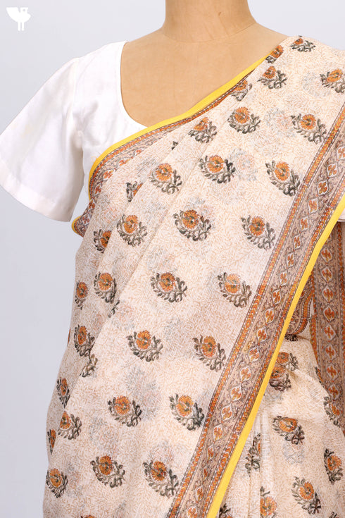 Handloom Kota Doria Saree In Floral Block Print