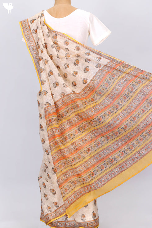 Handloom Kota Doria Saree In Floral Block Print