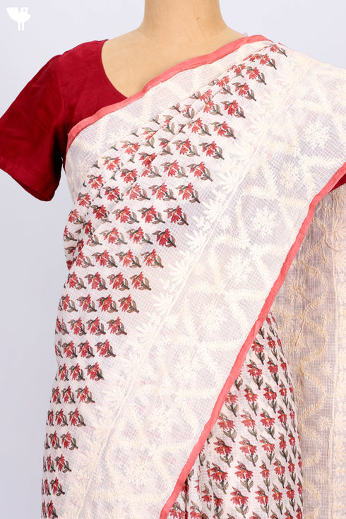 Kota Doria Saree In Floral Block Printwith Chikankari Embroidery