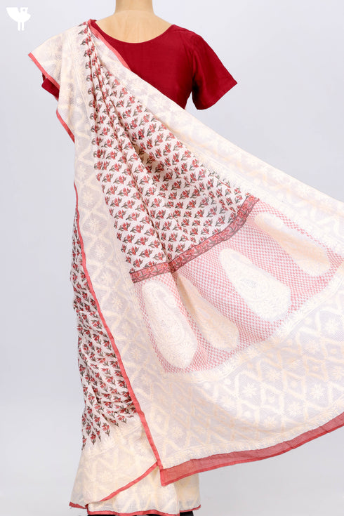 Kota Doria Saree In Floral Block Printwith Chikankari Embroidery