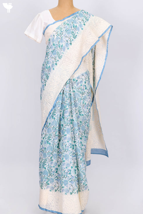 Kota Doria Saree In Floral Block Printwith Chikankari Embroidery