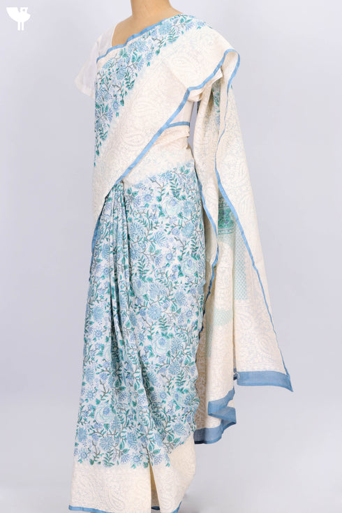 Kota Doria Saree In Floral Block Printwith Chikankari Embroidery