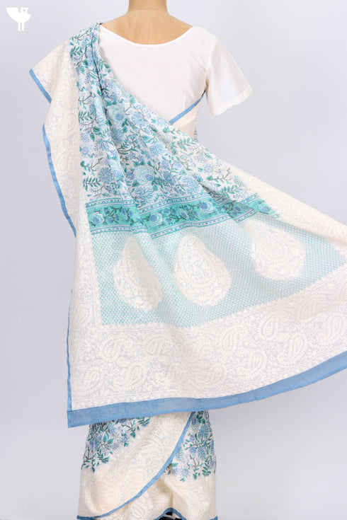 Kota Doria Saree In Floral Block Printwith Chikankari Embroidery