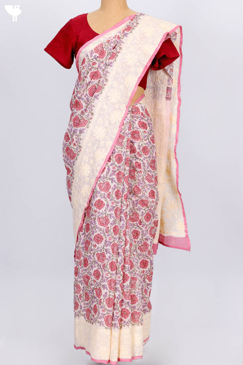 Kota Doria Saree In Floral Block Printwith Chikankari Embroidery