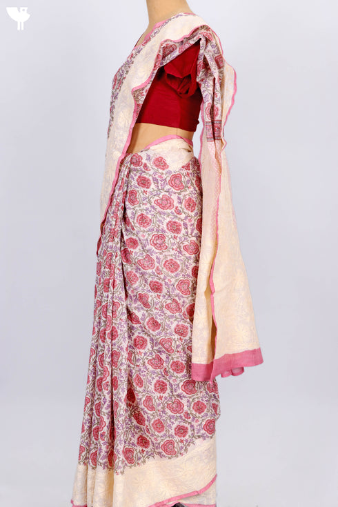 Kota Doria Saree In Floral Block Printwith Chikankari Embroidery