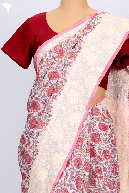 Kota Doria Saree In Floral Block Printwith Chikankari Embroidery