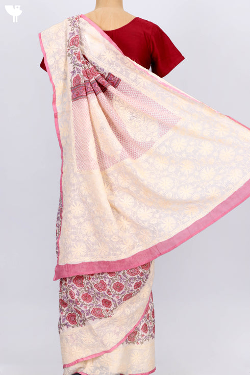 Kota Doria Saree In Floral Block Printwith Chikankari Embroidery
