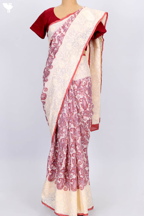 Kota Doria Saree In Paisley Block Print with Chikankari Embroidery