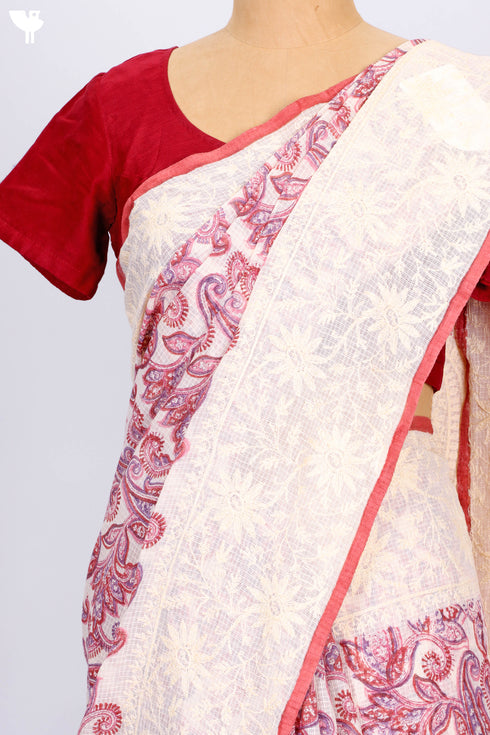 Kota Doria Saree In Paisley Block Print with Chikankari Embroidery
