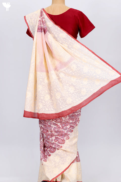 Kota Doria Saree In Paisley Block Print with Chikankari Embroidery