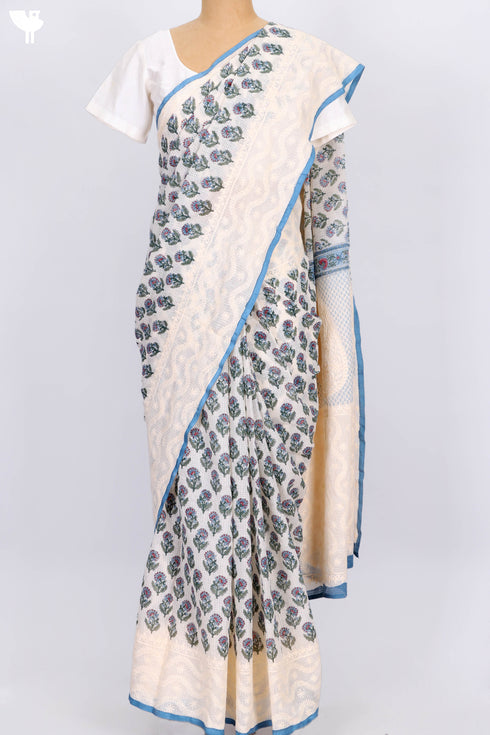 Kota Doria Saree In Floral Block Printwith Chikankari Embroidery