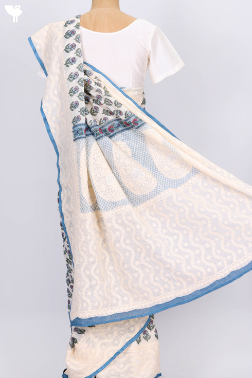 Kota Doria Saree In Floral Block Printwith Chikankari Embroidery