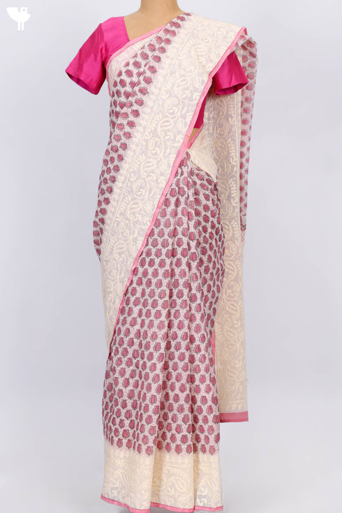 Kota Doria Saree In Block Print with Chikankari Embroidery
