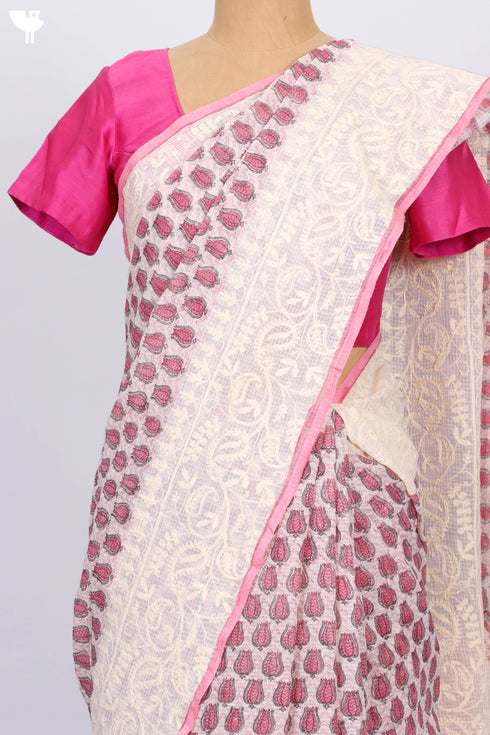 Kota Doria Saree In Block Print with Chikankari Embroidery