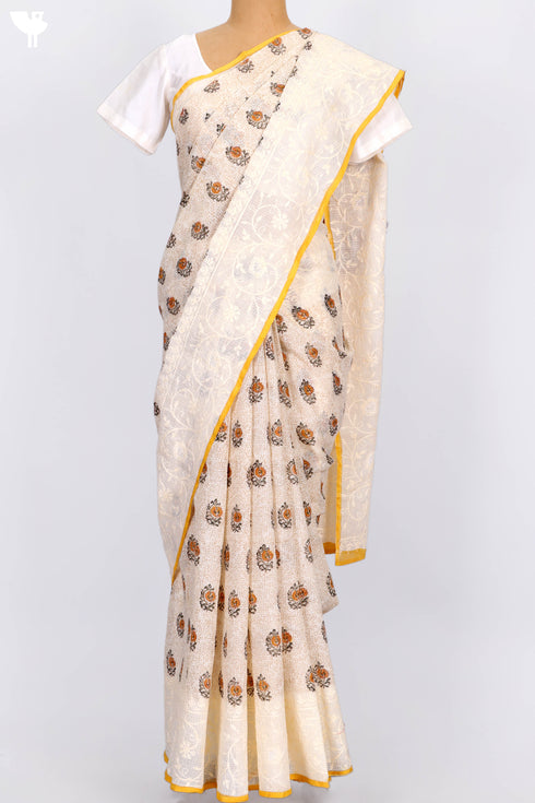 Kota Doria Saree In Floral Block Print with Chikankari Embroidery