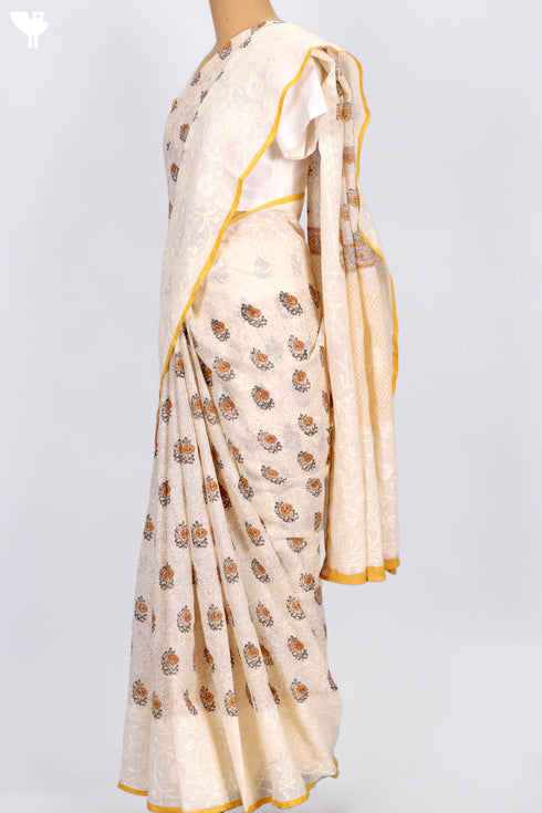 Kota Doria Saree In Floral Block Print with Chikankari Embroidery