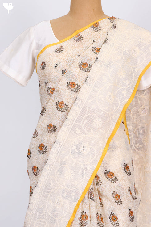 Kota Doria Saree In Floral Block Print with Chikankari Embroidery