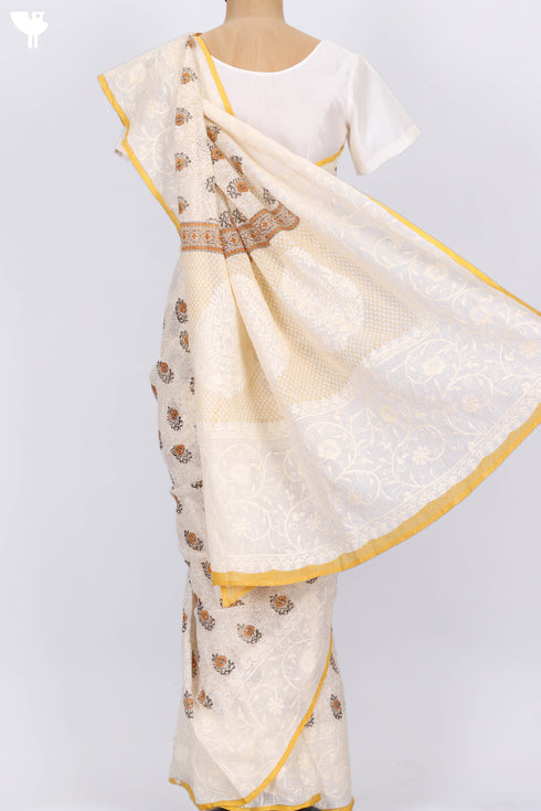 Kota Doria Saree In Floral Block Print with Chikankari Embroidery