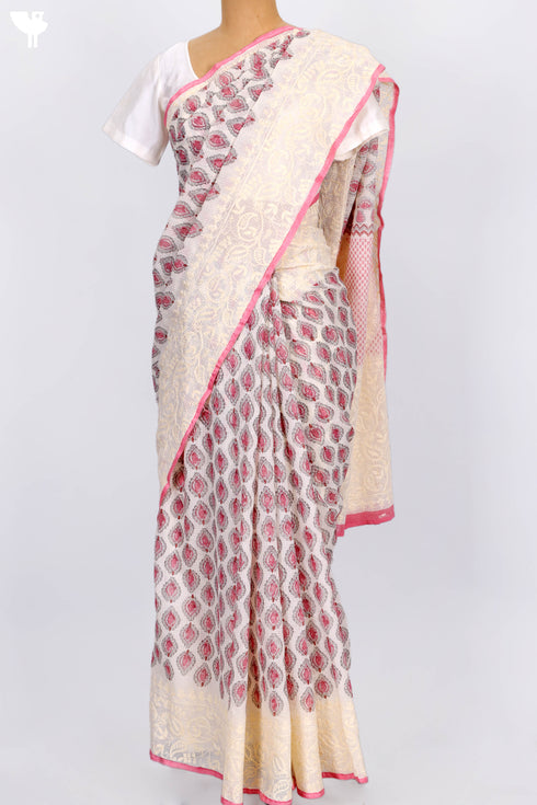 Kota Doria Saree In Block Print with Chikankari Embroidery