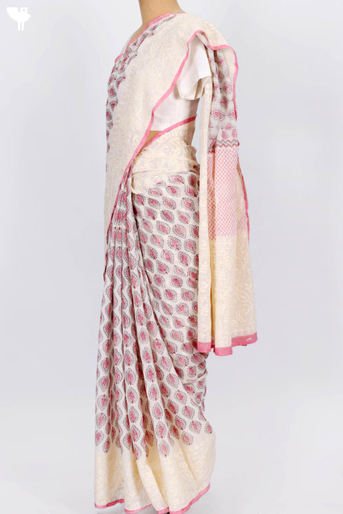 Kota Doria Saree In Block Print with Chikankari Embroidery