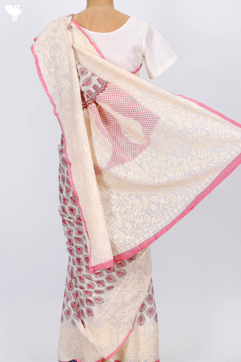 Kota Doria Saree In Block Print with Chikankari Embroidery