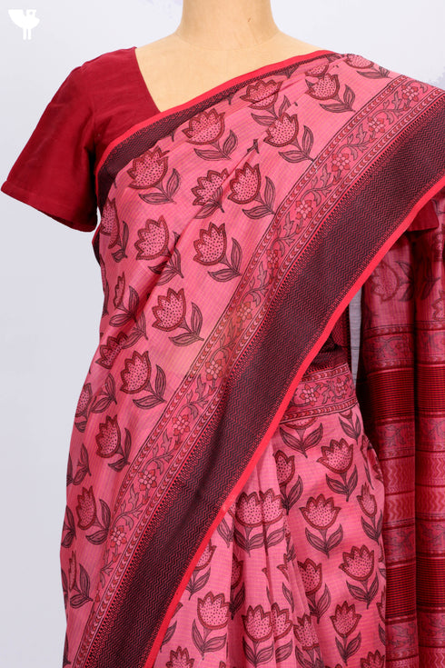 Maheshwari Saree In Floral Block Print.