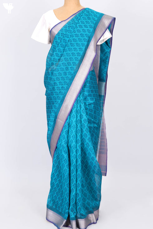 Maheshwari Silk Saree In Yellow Tan and Rose Pink Floral Block Print