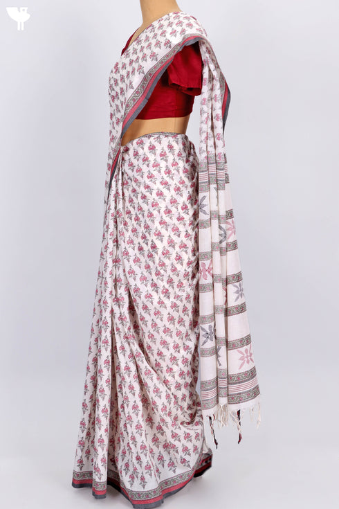 Bengal Cotton Saree In Floral Block Print