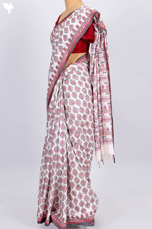 Bengal Cotton Saree In Graphic Block Print