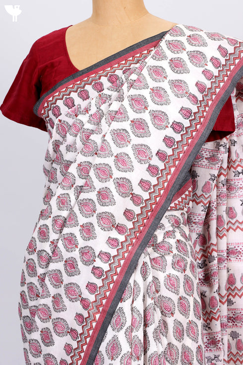 Bengal Cotton Saree In Graphic Block Print