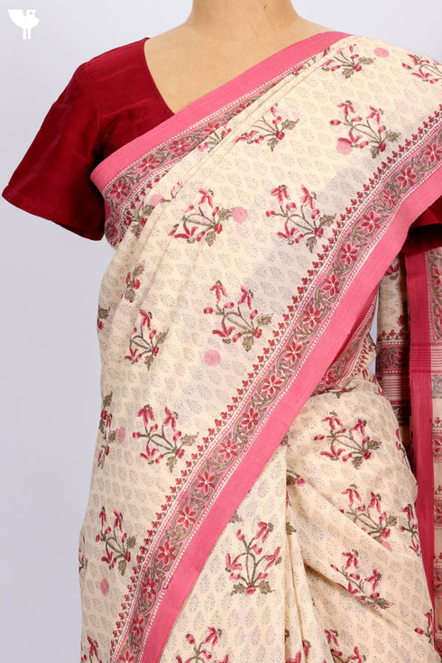 Bengal Cotton Saree In Floral Block Print