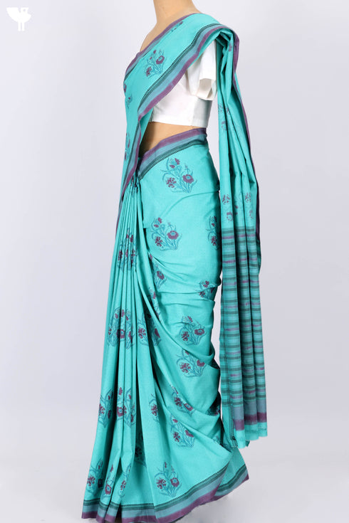 Mangalgiri Cotton Saree In Floral Block Print