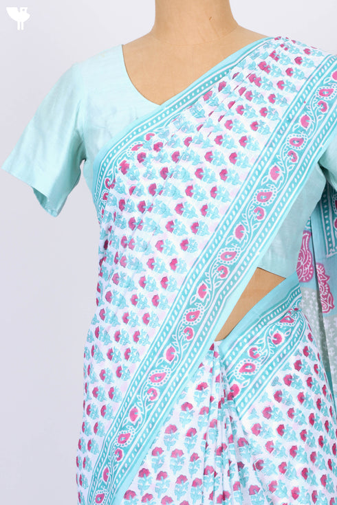 Mulmul Cotton Saree In Floral Block Print