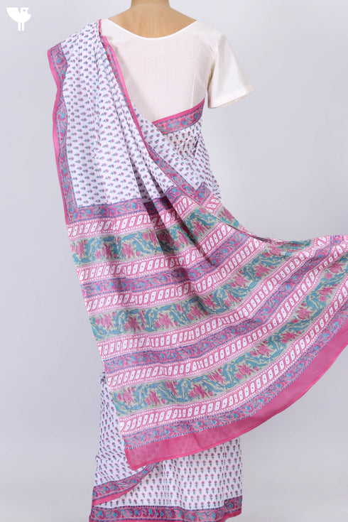 Mulmul Cotton Saree In Floral Block Print