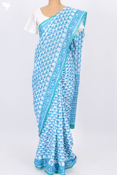 Mulmul Cotton Saree In Floral Block Print