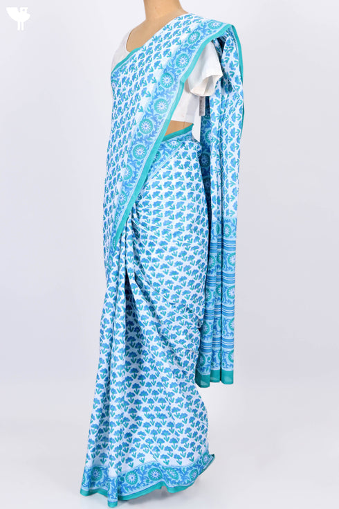 Mulmul Cotton Saree In Floral Block Print