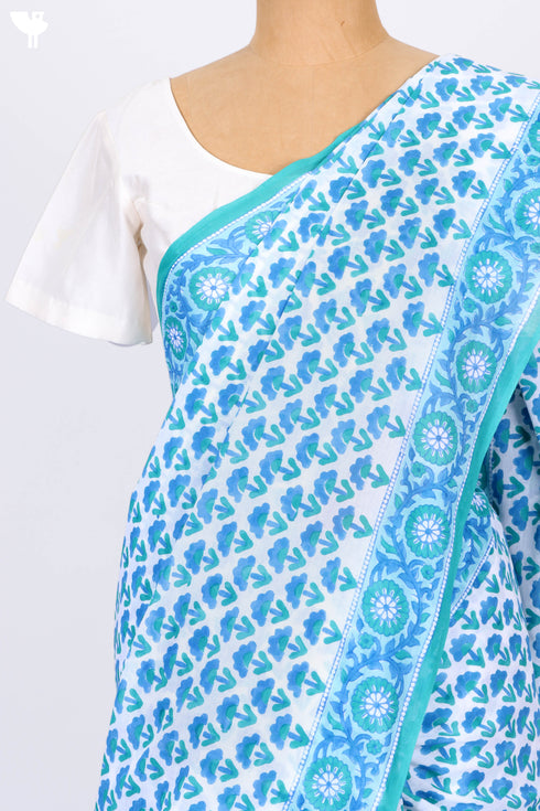 Mulmul Cotton Saree In Floral Block Print