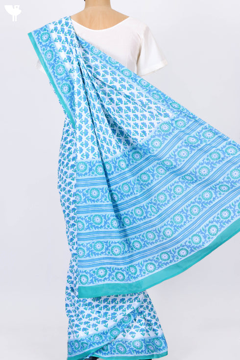Mulmul Cotton Saree In Floral Block Print