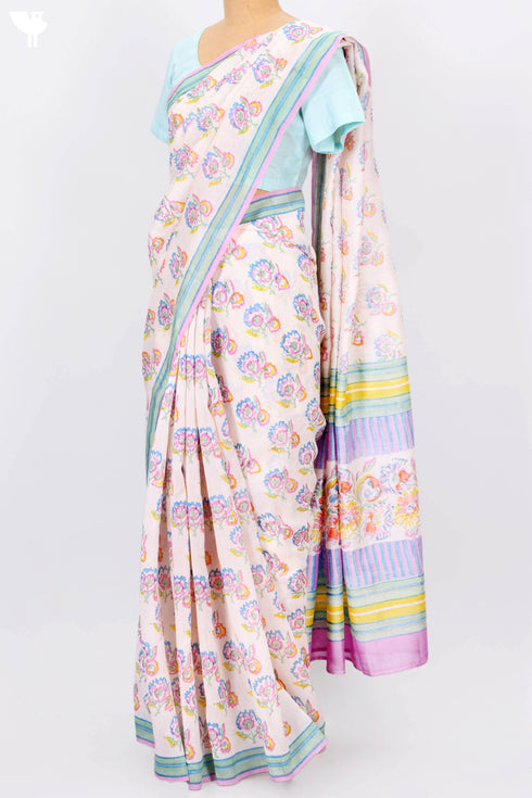 Chanderi Silk Saree In Floral Block Print.