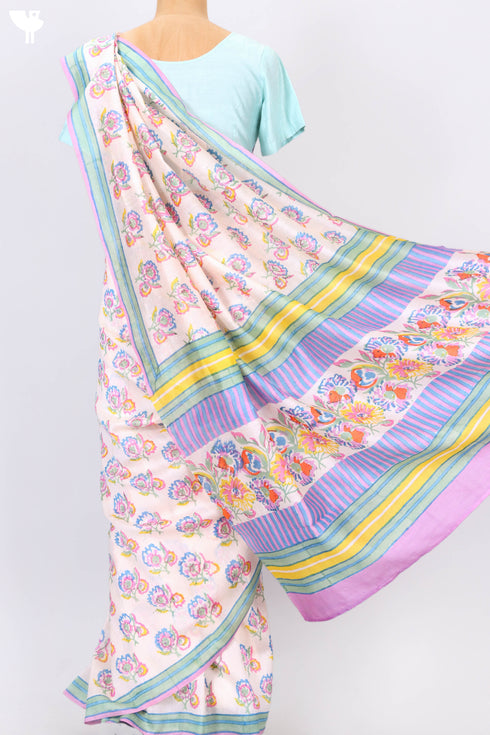 Chanderi Silk Saree In Floral Block Print.