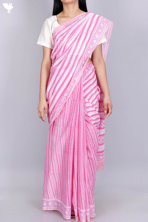 Mulmul Cotton Saree In Block Print