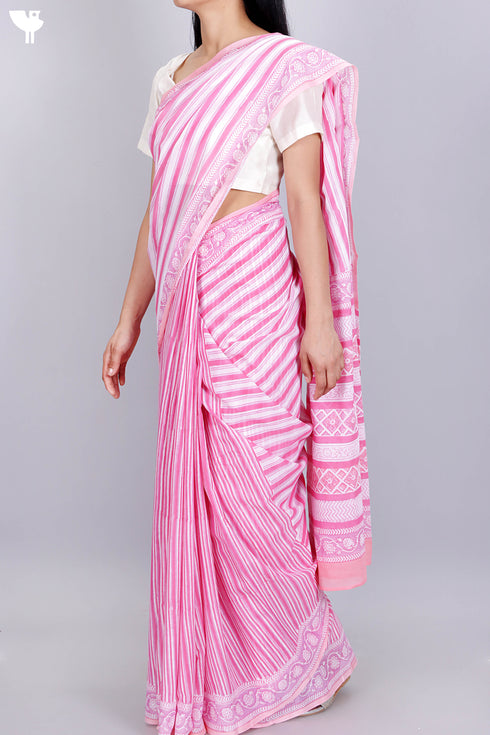 Mulmul Cotton Saree In Block Print