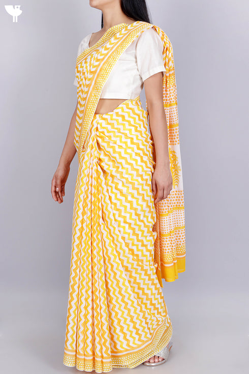 Mulmul Cotton Saree In Block Print