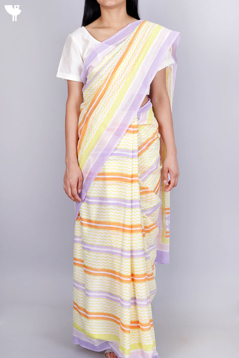 Mulmul Cotton Saree In Block Print