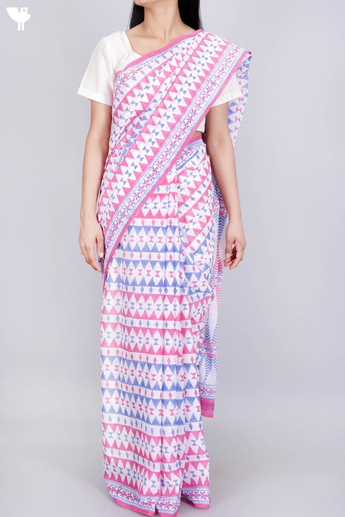 Mulmul Cotton Saree In Block Print