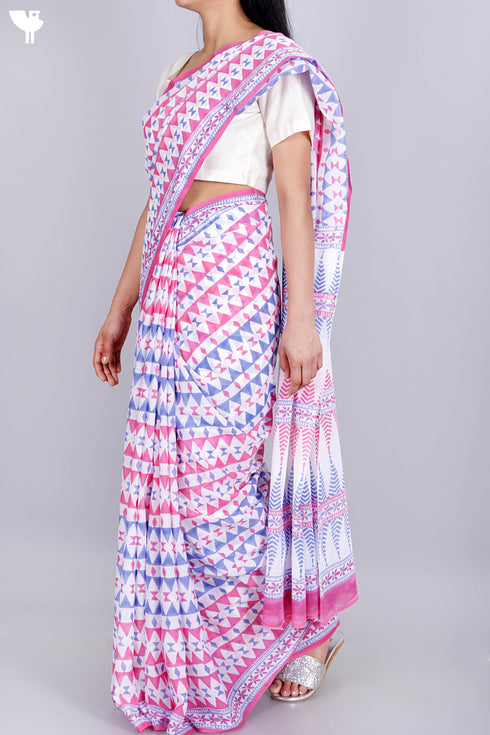 Mulmul Cotton Saree In Block Print