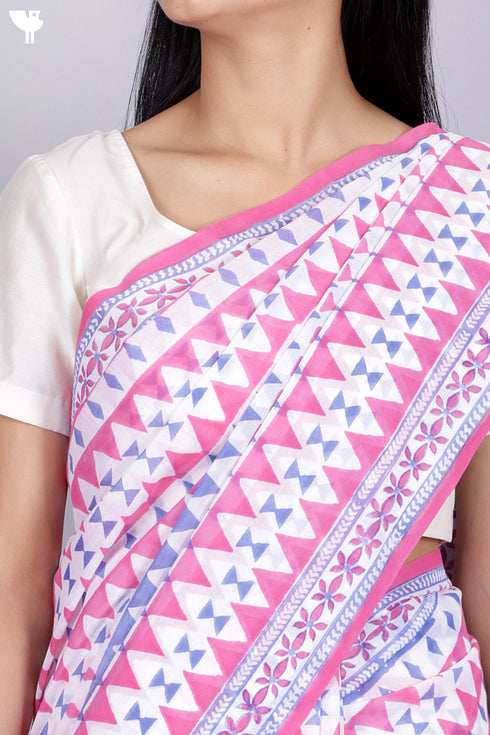 Mulmul Cotton Saree In Block Print