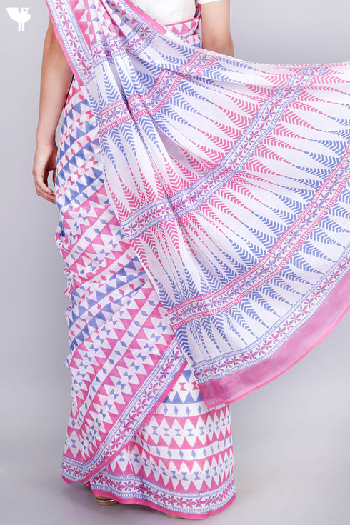 Mulmul Cotton Saree In Block Print